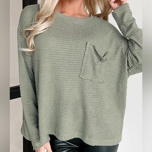 MTS Oversized Waffle Knit Long Sleeve Top – Sage Green